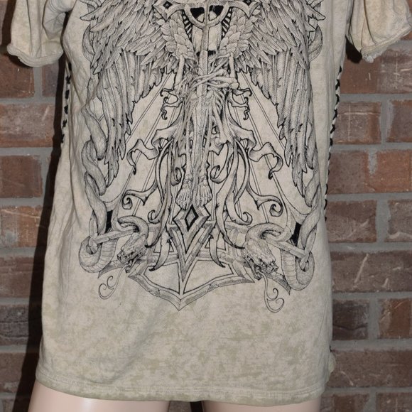 Affliction Live Fast T Shirt Men XL Beige Distressed Graphic Design Short Sleeve - Picture 2 of 11